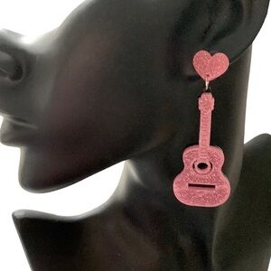 Pink Acrylic Guitar Pierced Bling Earrings